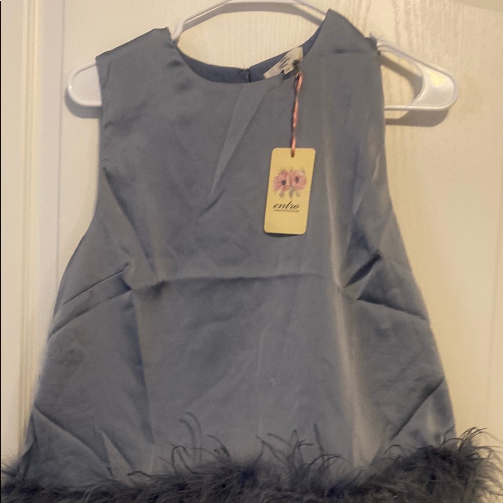 🆕Gray blue Sleeveless Dress shirt with Feather Trim